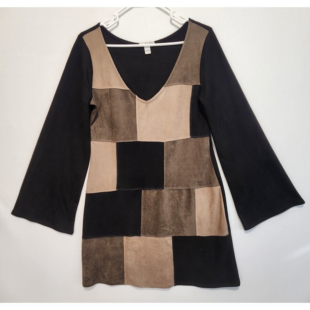 Astars Women's XS Faux Suede Colorblock Tunic Dress Bell Sleeve Boho Retro
